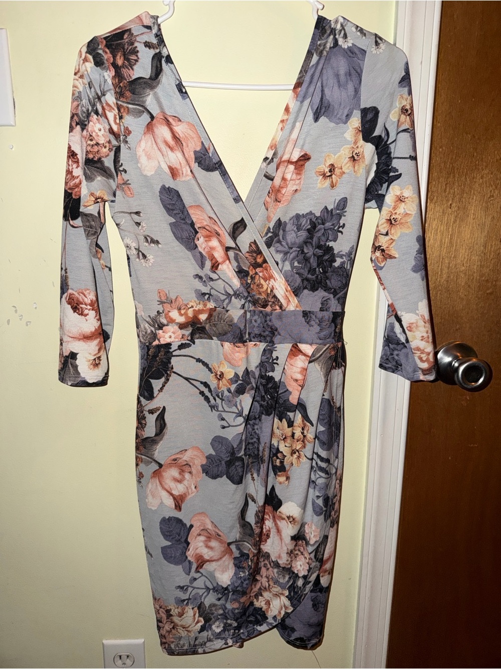Fashion Nova Gray Floral Wrap Dress with Peach and Navy Blooms